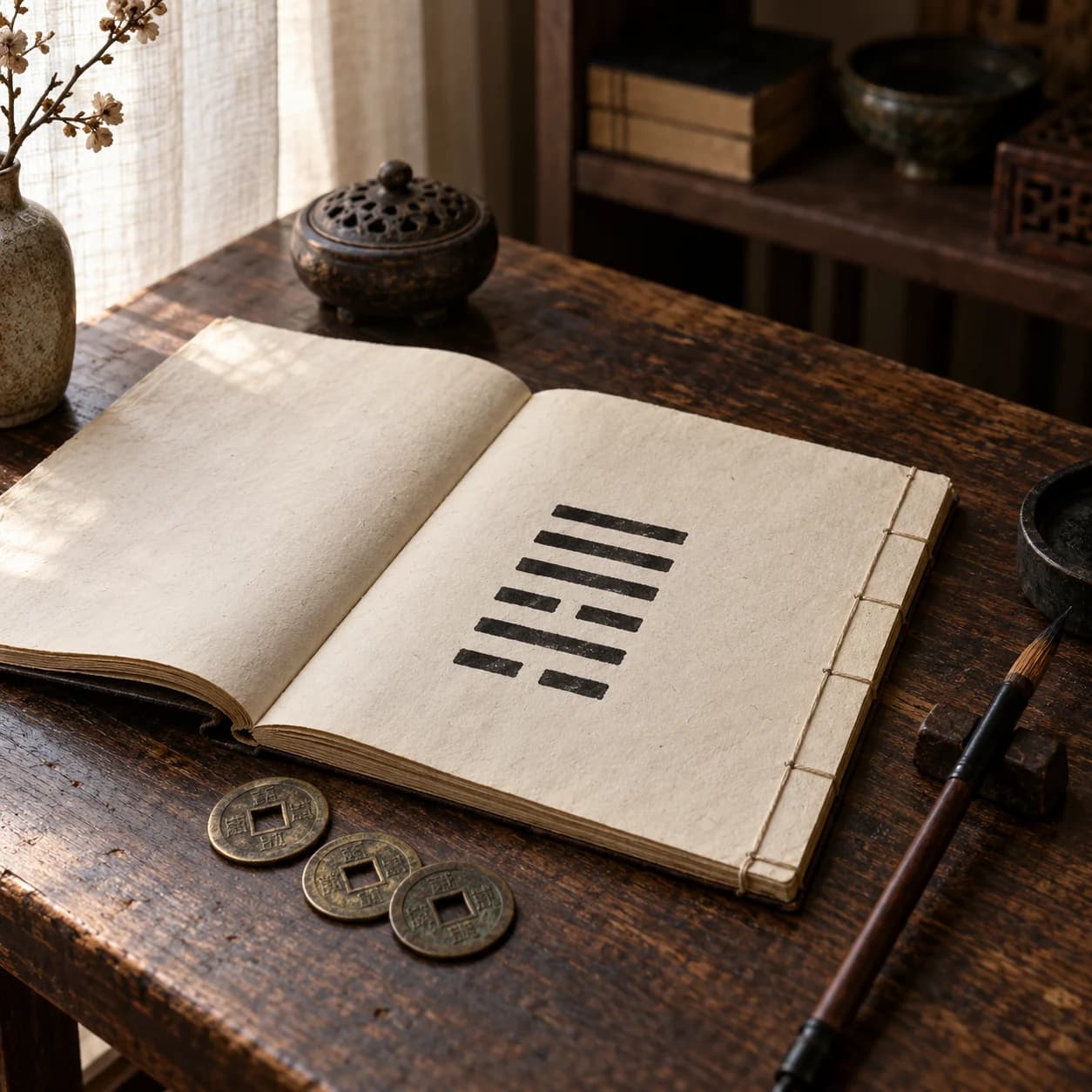 An open notebook with a six-line hexagram, three bronze coins, and a brush on a wooden desk