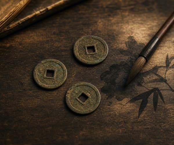 Three ancient bronze coins beside a calligraphy brush