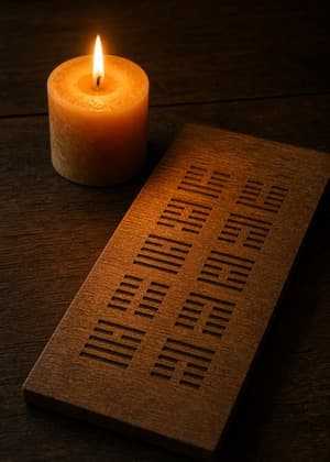 A lit candle on a hexagram-engraved wooden plank