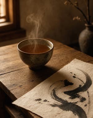 A bowl of steaming tea beside a brushstroke scroll